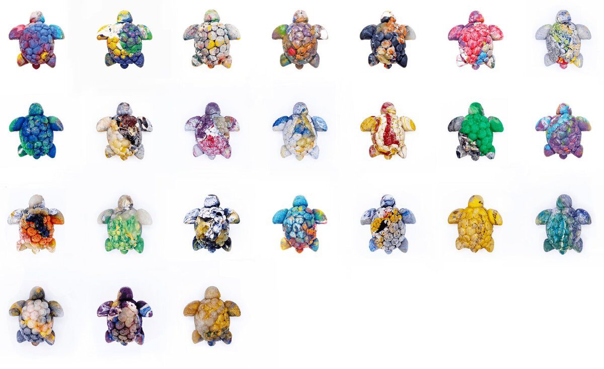 Plastic turned into turtle sculptures
